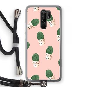 CaseCompany Cactusprint roze: Xiaomi Redmi 9 Transparant Hoesje met koord