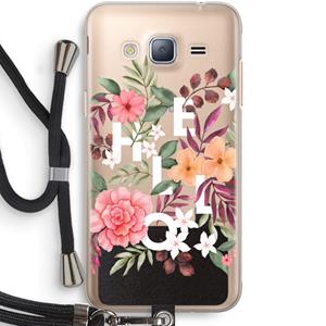 CaseCompany Hello in flowers: Samsung Galaxy J3 (2016) Transparant Hoesje met koord