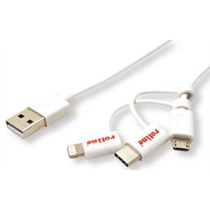 Roline USB-kabel USB 2.0 USB-A stekker, Apple Lightning stekker, USB-micro-B stekker, USB-C stekker 1.00 m Wit Afgeschermd 11.02.8329