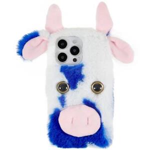Fluffy Plush iPhone 14 Pro Hybrid Case - Blauw Koe