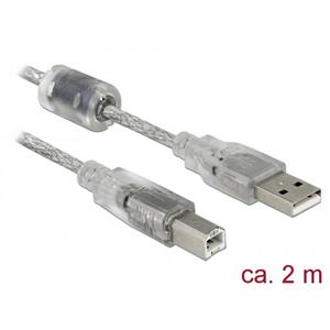 Delock USB-kabel USB 2.0 USB-A stekker, USB-B stekker 2.00 m Transparant Met Ferrietkern 83894