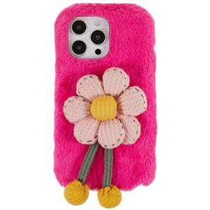3D Plush Harige winter iPhone 14 Pro Max TPU Hoesje - Hete Roze Bloem