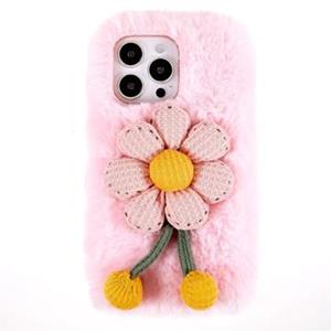 3D Plush Harige winter iPhone 14 Pro Max TPU Hoesje - Roze Bloem