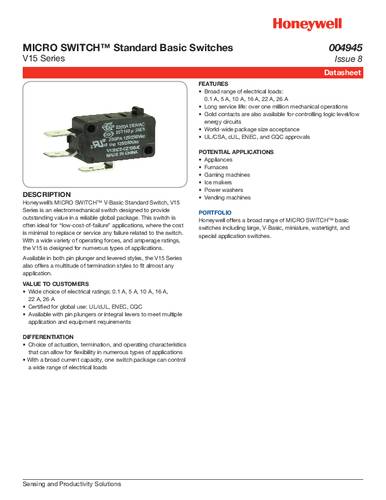 Honeywell SPS V15T16-CZ300A02 Klikschakelaar 1 stuk(s) Single