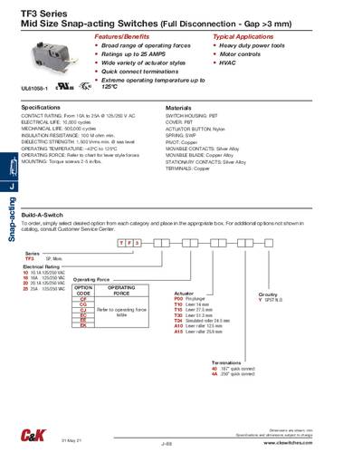 C & K Switches TF316CFT104AY Microschakelaar 125 V, 250 V 16 A 1x aan/(aan)/aan 1 stuk(s) Bulk