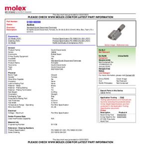 Molex 190160098 Platte stekker (female) Insteekbreedte: 4.75 mm Insteekdikte: 0.51 mm 1 stuk(s) Bulk