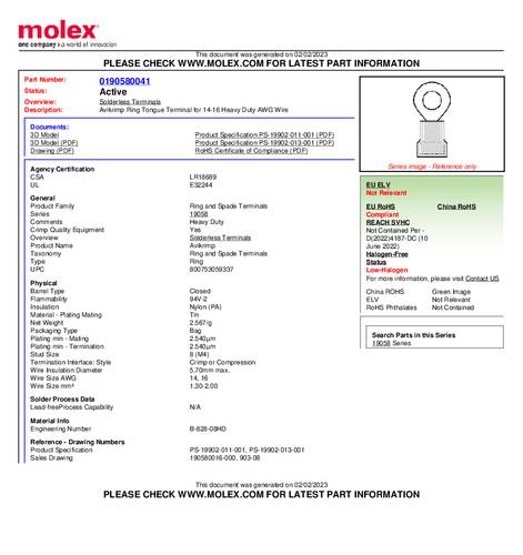 Molex 190580041 Ringkabelschoen 1 stuk(s) Bulk