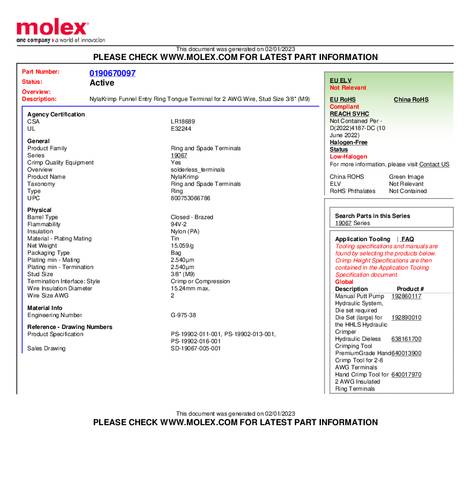 Molex 190670097 Ringkabelschoen Gat diameter: 9 mm 1 stuk(s) Bulk