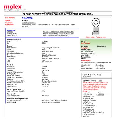 Molex 190730005 Ringkabelschoen Gat diameter: 2 mm 1 stuk(s) Bulk