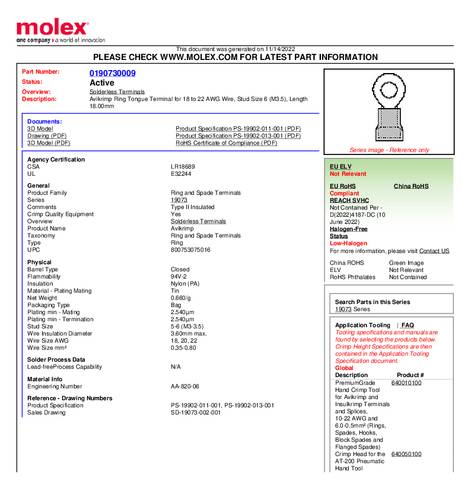 Molex 190730009 Ringkabelschoen Gat diameter: 3.5 mm 1 stuk(s) Bulk