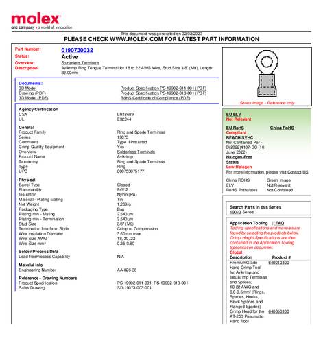 Molex 190730032 Ringkabelschoen Gat diameter: 9 mm 1 stuk(s) Bulk