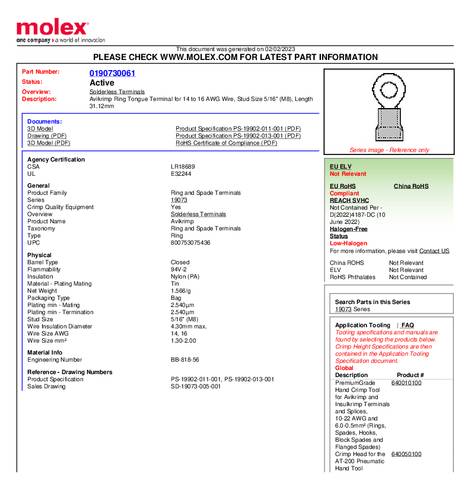 Molex 190730061 Ringkabelschoen Gat diameter: 8 mm 1 stuk(s) Bulk