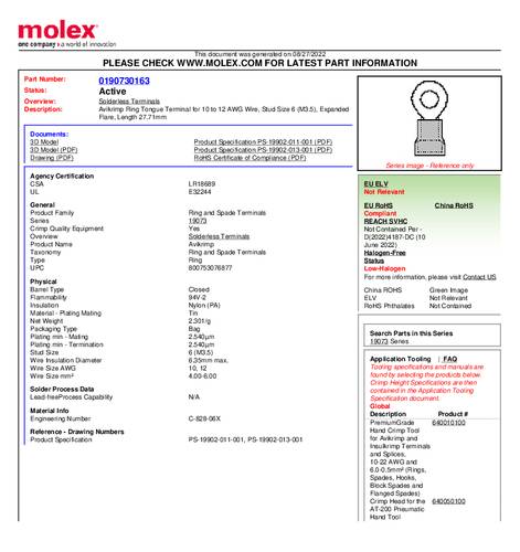 Molex 190730163 Ringkabelschoen Gat diameter: 3.5 mm 1 stuk(s) Bulk