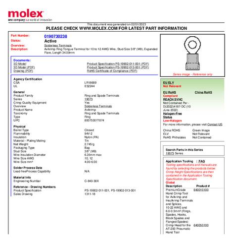 Molex 190730238 Ringkabelschoen Gat diameter: 9 mm 1 stuk(s) Bulk