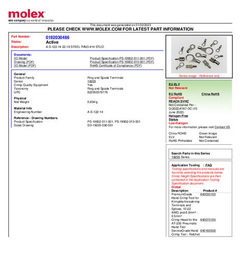 Molex 192030486 Ringkabelschoen 1 stuk(s) Bulk