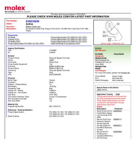 Molex 192210240 Ringkabelschoen Gat diameter: 8 mm 1 stuk(s) Bulk