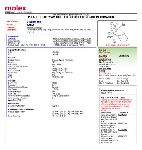 Molex 192210400 Ringkabelschoen Gat diameter: 8 mm 1 stuk(s) Bulk
