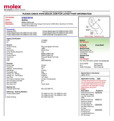 Molex 192210416 Ringkabelschoen Gat diameter: 12 mm 1 stuk(s) Bulk