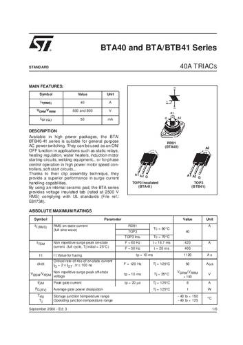STMicroelectronics BTA40-600B Thyristor (SCR) - TRIAC RD91 40 A 600 V