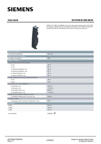 Siemens 6ES75900CA000AA0 6ES7590-0CA00-0AA0 PLC-afdekking