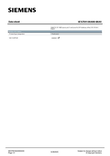 Siemens 6ES75918AA000AA0 6ES7591-8AA00-0AA0 PLC-afdekking