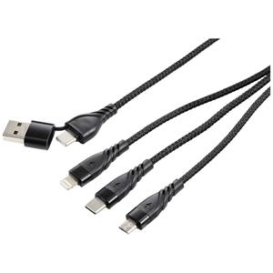USB-laadkabel USB 2.0 USB-A stekker, USB-C stekker, USB-micro-B stekker, Apple Lightning stekker, USB-C stekker 1.20 m Antraciet/zwart Aluminium-stekker