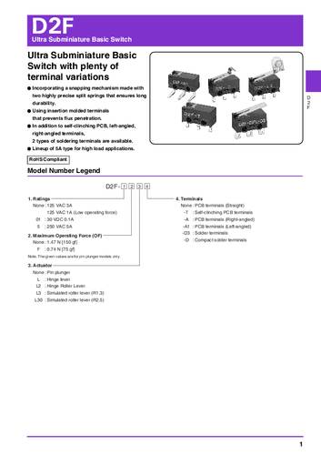 Omron D2F-F-D Microschakelaar 30 V/DC 0.5 A 1x aan/(aan) 1 stuk(s) Bag