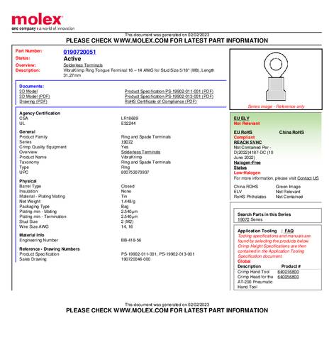 Molex 190720051 Ringkabelschoen Gat diameter: 8 mm 1 stuk(s) Bulk