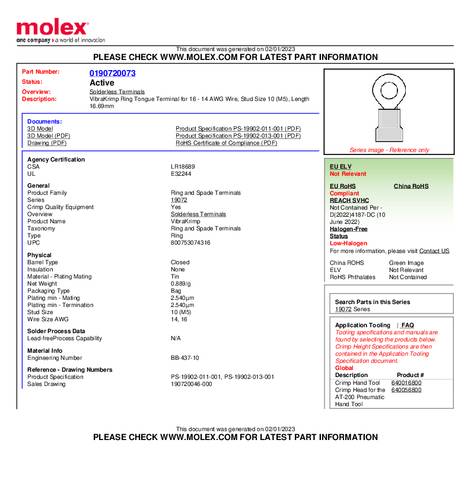 Molex 190720073 Ringkabelschoen Gat diameter: 5 mm 1 stuk(s) Bulk