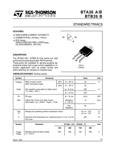 STMicroelectronics BTA26-700BRG Thyristor (SCR) - TRIAC TOP-3 25 A 700 V