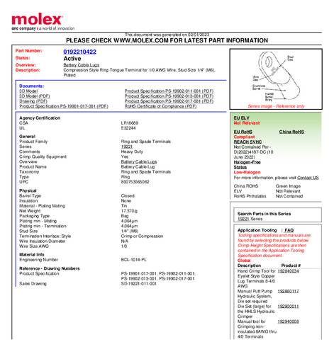 Molex 192210422 Ringkabelschoen Gat diameter: 6 mm 1 stuk(s) Bulk