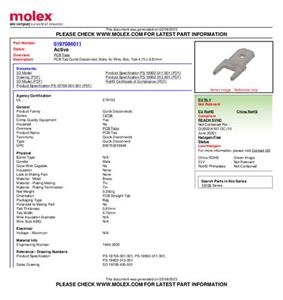 Molex 197084011 Platte stekker (male) Insteekbreedte: 4.75 mm Insteekdikte: 0.81 mm 1 stuk(s) Bulk