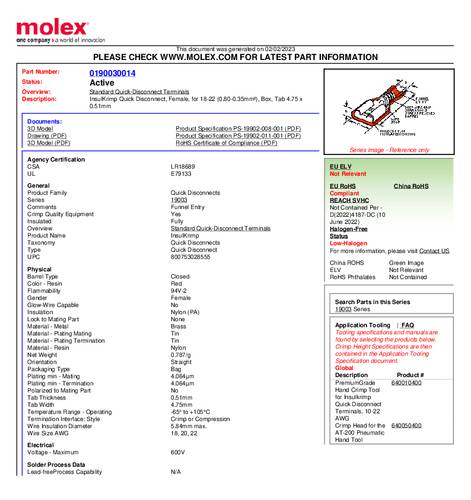 Molex 190030014 Platte stekker (female) Insteekbreedte: 4.75 mm Insteekdikte: 0.51 mm 1 stuk(s) Bulk