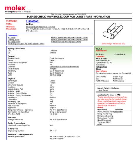 Molex 190080001 Platte stekker (female) Insteekbreedte: 4.75 mm Insteekdikte: 0.51 mm 1 stuk(s) Bulk