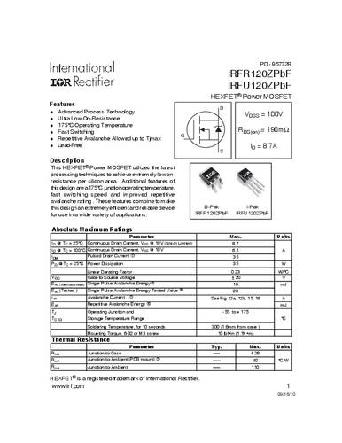 Infineon Technologies IRFR120ZPBF-GURT MOSFET 1 N-kanaal 35 W TO-252AA