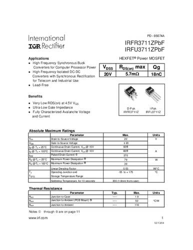 Infineon Technologies IRFR3711ZPBF-GURT MOSFET 1 N-kanaal 78 W TO-252AA