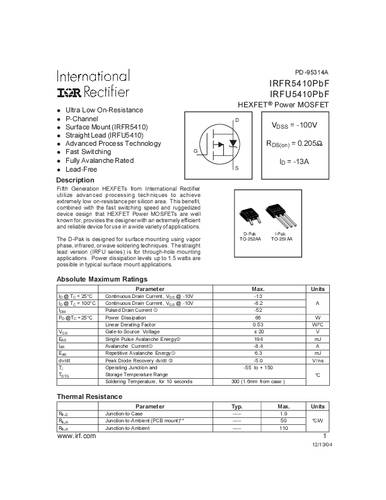 Infineon Technologies IRFR5410PBF-GURT MOSFET 1 P-kanaal 66 W TO-252AA
