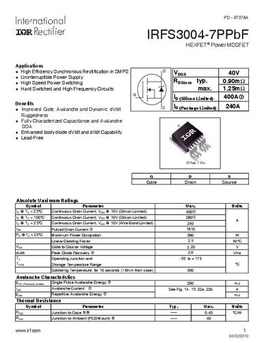 Infineon Technologies IRFS3004-7PBF-GURT MOSFET 1 N-kanaal 380 W D2PAK