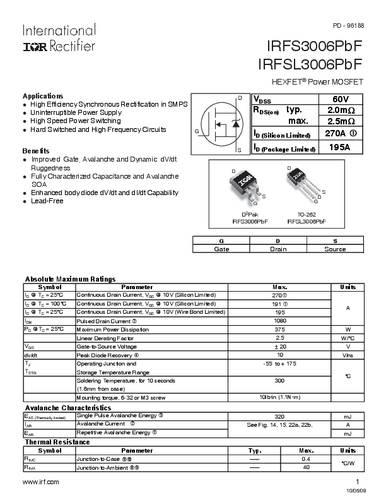 Infineon Technologies IRFS3006PBF-GURT MOSFET 1 N-kanaal 375 W D2PAK