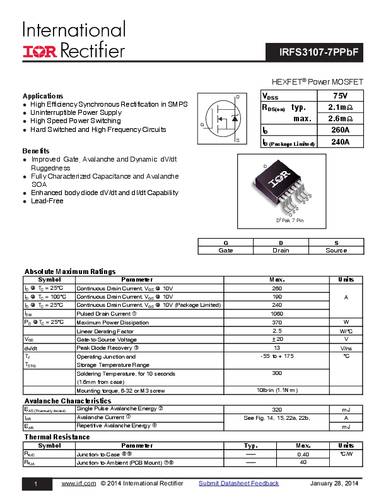 Infineon Technologies IRFS3107-7PBF-GURT MOSFET 1 N-kanaal 370 W D2PAK