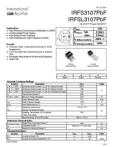 Infineon Technologies IRFS3107PBF-GURT MOSFET 1 N-kanaal 370 W D2PAK