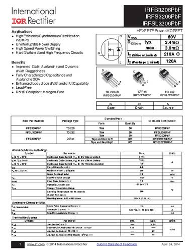 Infineon Technologies IRFS3206PBF-GURT MOSFET 1 N-kanaal 300 W D2PAK