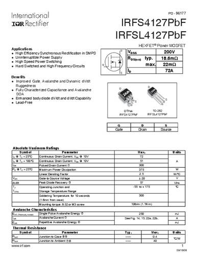 Infineon Technologies IRFS4127PBF-GURT MOSFET 1 N-kanaal 375 W D2PAK