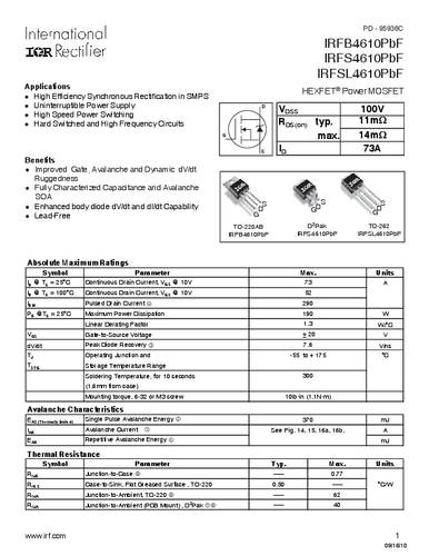 Infineon Technologies IRFS4610PBF-GURT MOSFET 1 N-kanaal 190 W D2PAK