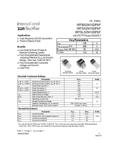 Infineon Technologies IRFS52N15DPBF-GURT MOSFET 1 N-kanaal 230 W D2PAK