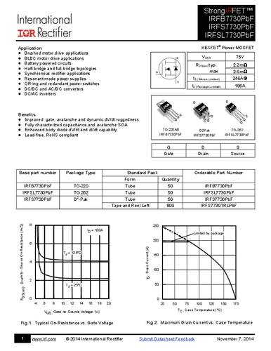 Infineon Technologies IRFS7730PBF-GURT MOSFET 1 N-kanaal 375 W D2PAK