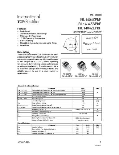 Infineon Technologies IRL1404ZSPBF-GURT MOSFET 1 N-kanaal 230 W D2PAK