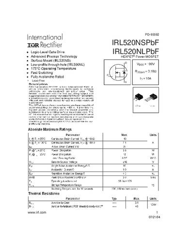 Infineon Technologies IRL520NSPBF-GURT MOSFET 1 N-kanaal 48 W D2PAK