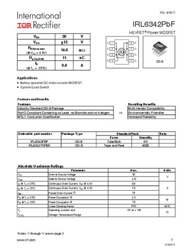 Infineon Technologies IRL6342PBF-GURT MOSFET 1 N-kanaal 2.5 W SO-8
