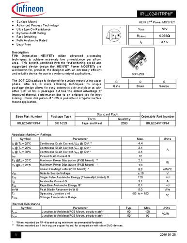 Infineon Technologies IRLL024NPBF-GURT MOSFET 1 N-kanaal 2.1 W SOT-223